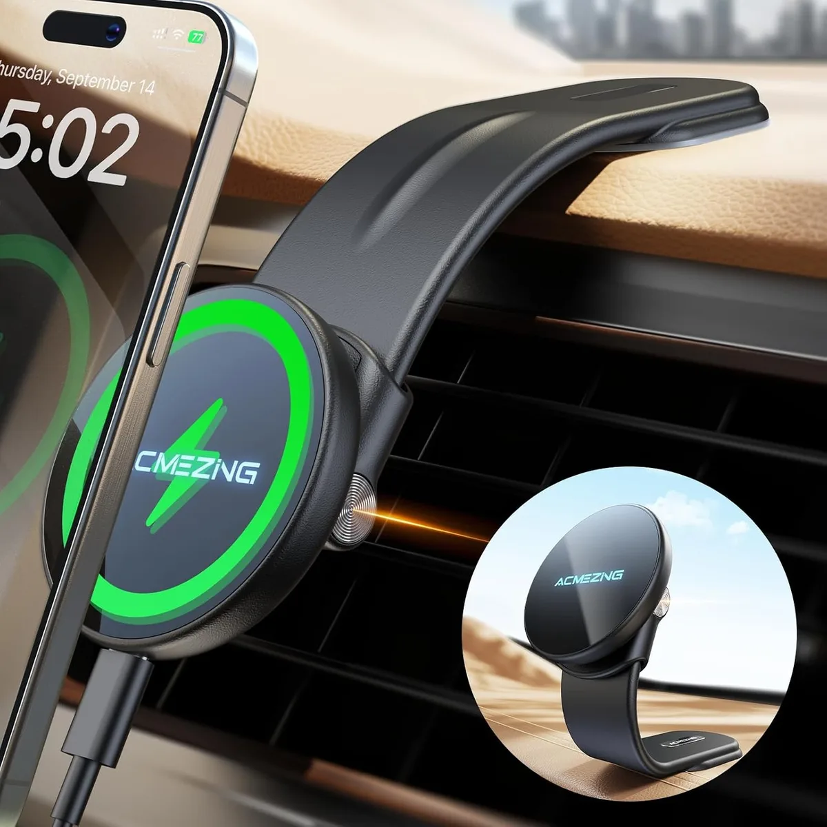 Keyence Keyence 15W MagSafe Car Mount Charger 360° Adjustable Aluminium Arm Black — product photo