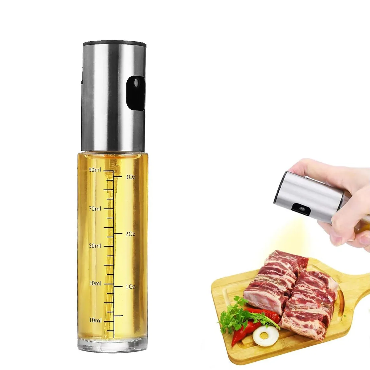 Clear glass oil sprayer with stainless steel nozzle, textured grip and measurement scale