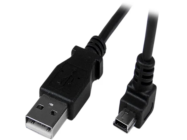 Black 2-metre USB 2.0 cable with straight Type-A plug and down-angled Mini-B plug, PVC jacket