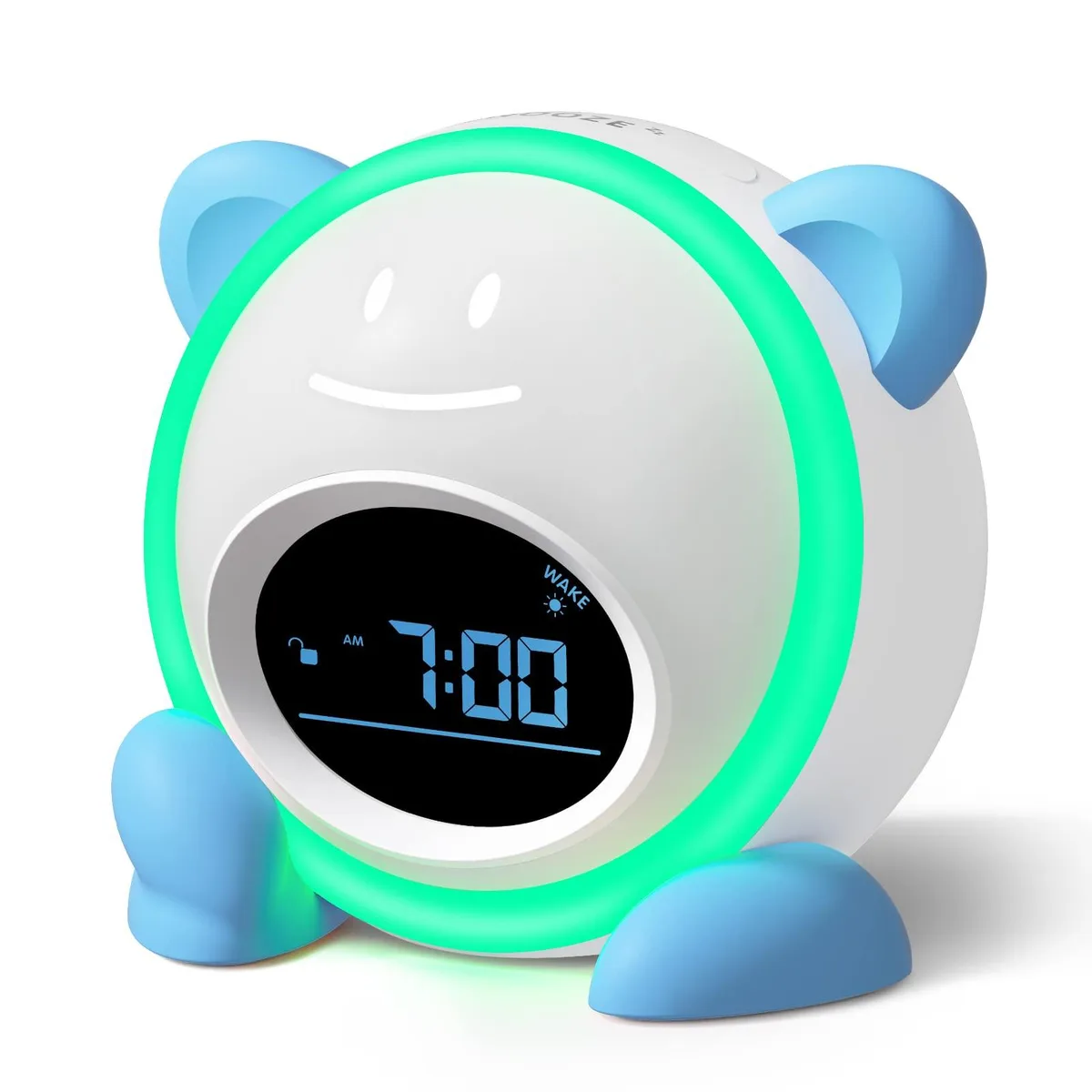 Blue rectangular kids clock with digital face and rounded edges, 4.6 by 3.81 by 5.5 inches
