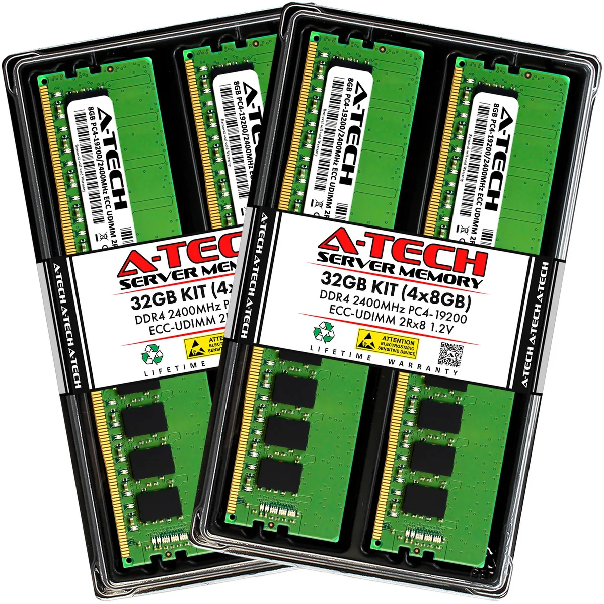 A-Tech A-Tech 32GB (4x8GB) DDR4 2400 MHz ECC UDIMM CL17 2Rx8 1.2V 288-Pin Server RAM — product photo