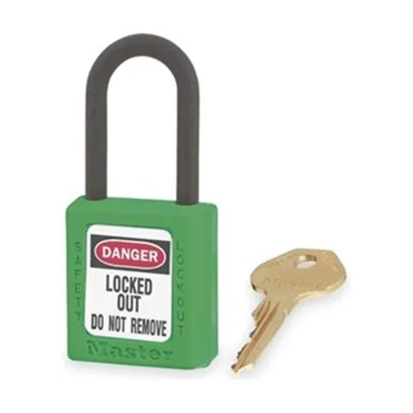 Green thermoplastic safety padlock with plastic shackle 13/16 in clearance
