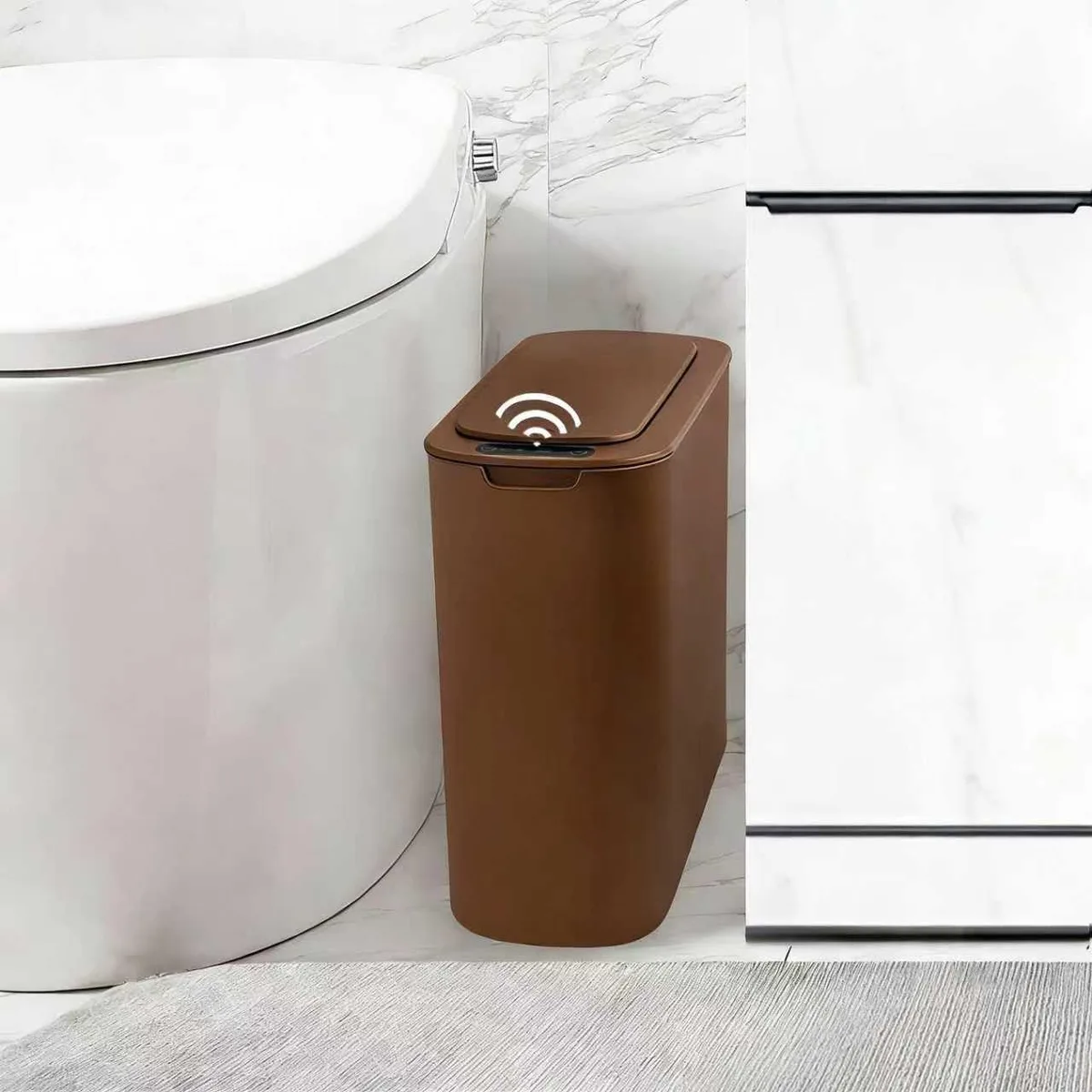 Three slim white plastic touchless trash cans with lids
