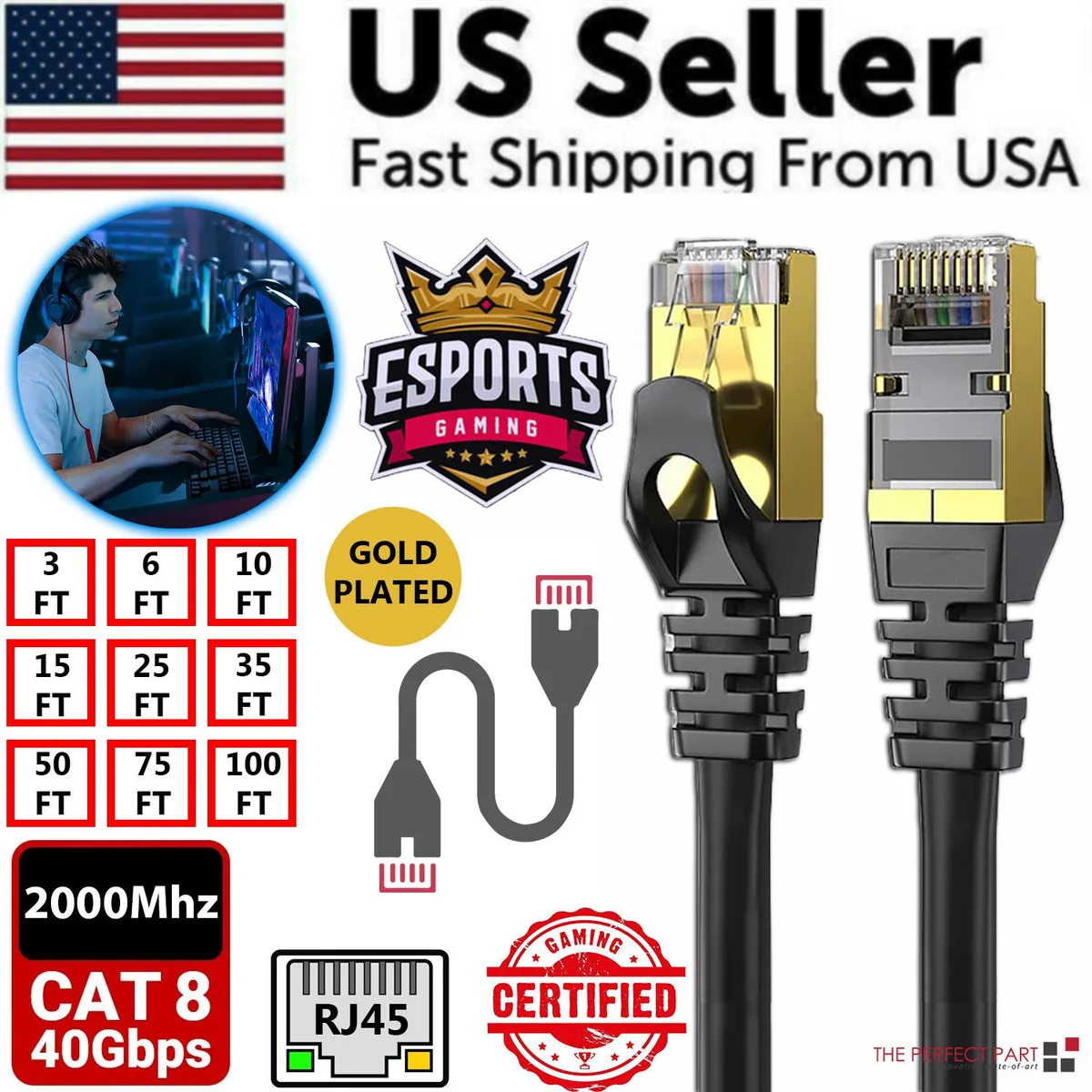 The Perfect Part The Perfect Part Cat 8 Ethernet Cable 6-pack 6 ft Gold 2000 MHz 40 Gbps — product photo
