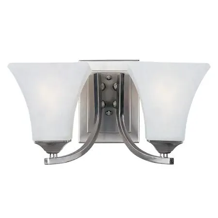 Satin Nickel vanity light with two tapered frosted glass shades on square metal tubing, 13.5 inches wide