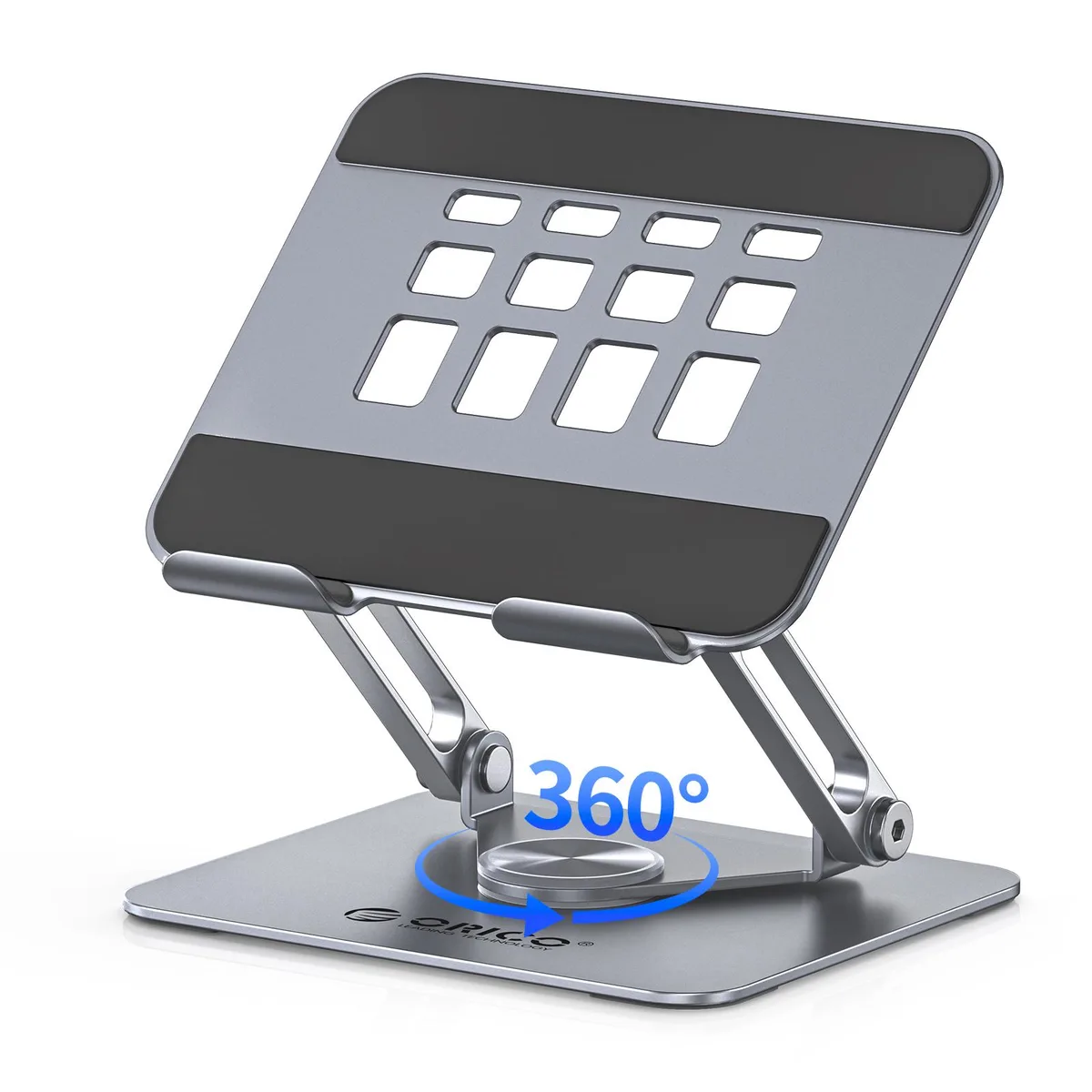Gray aluminum tablet stand with 360° rotating base, foldable flat to 1.5 inches, holds devices up to 12.9 inches