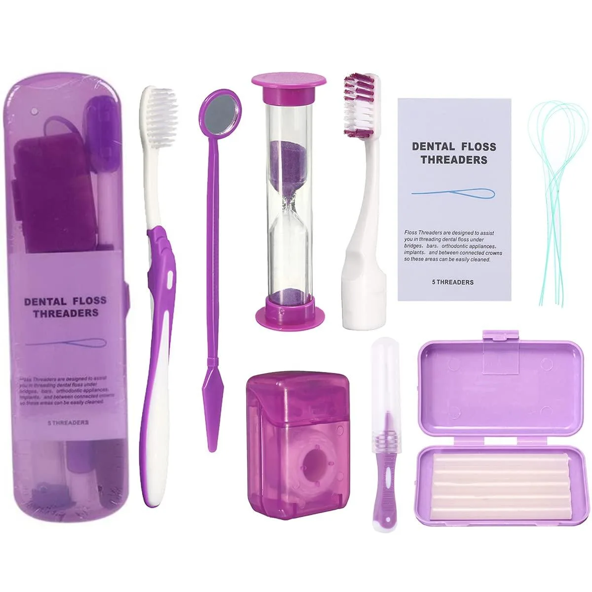 Purple orthodontic care kit with two toothbrushes, interdental brush, floss, mirror, wax, hourglass timer and storage box