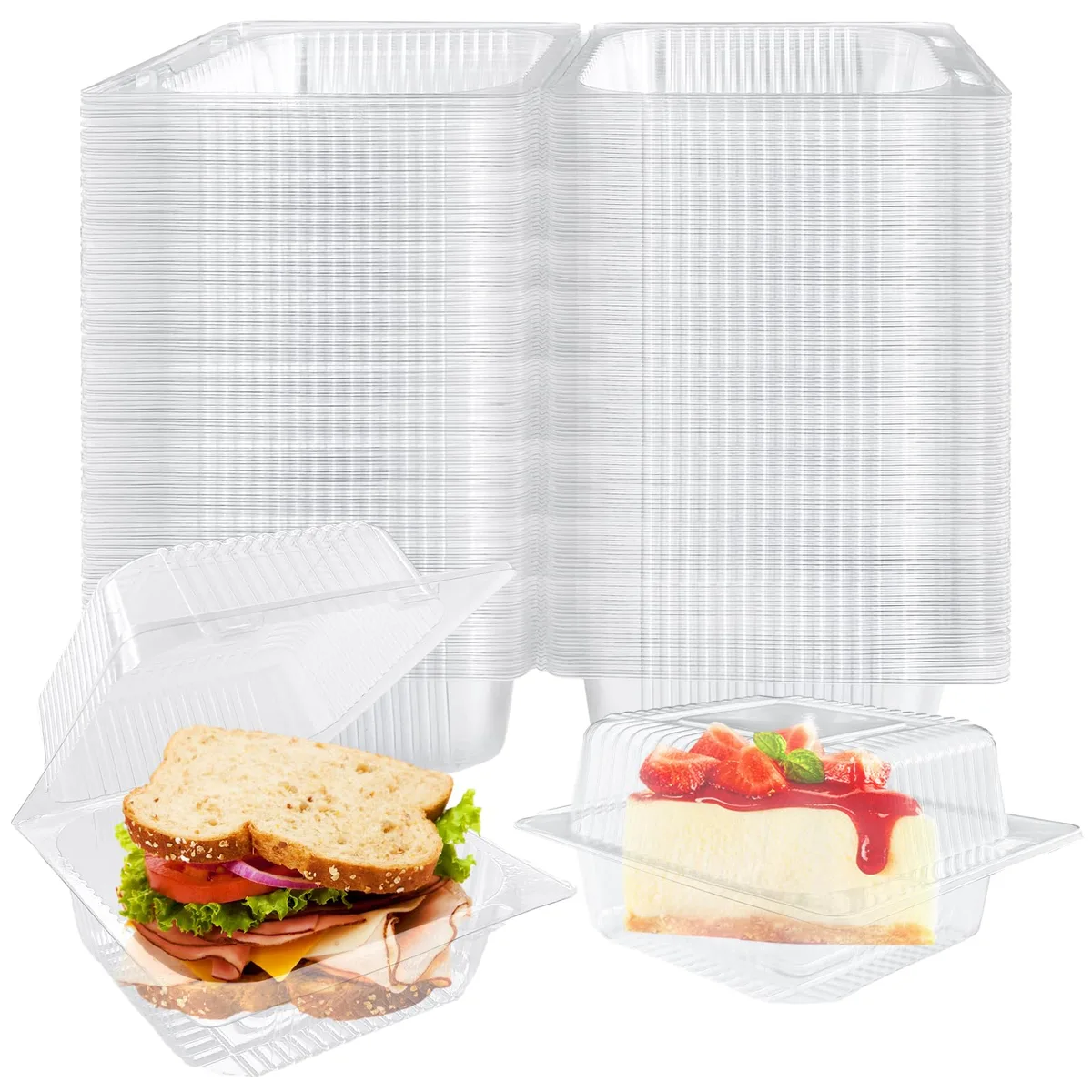Stack of 200 clear hinged clamshell food containers, square, red finish