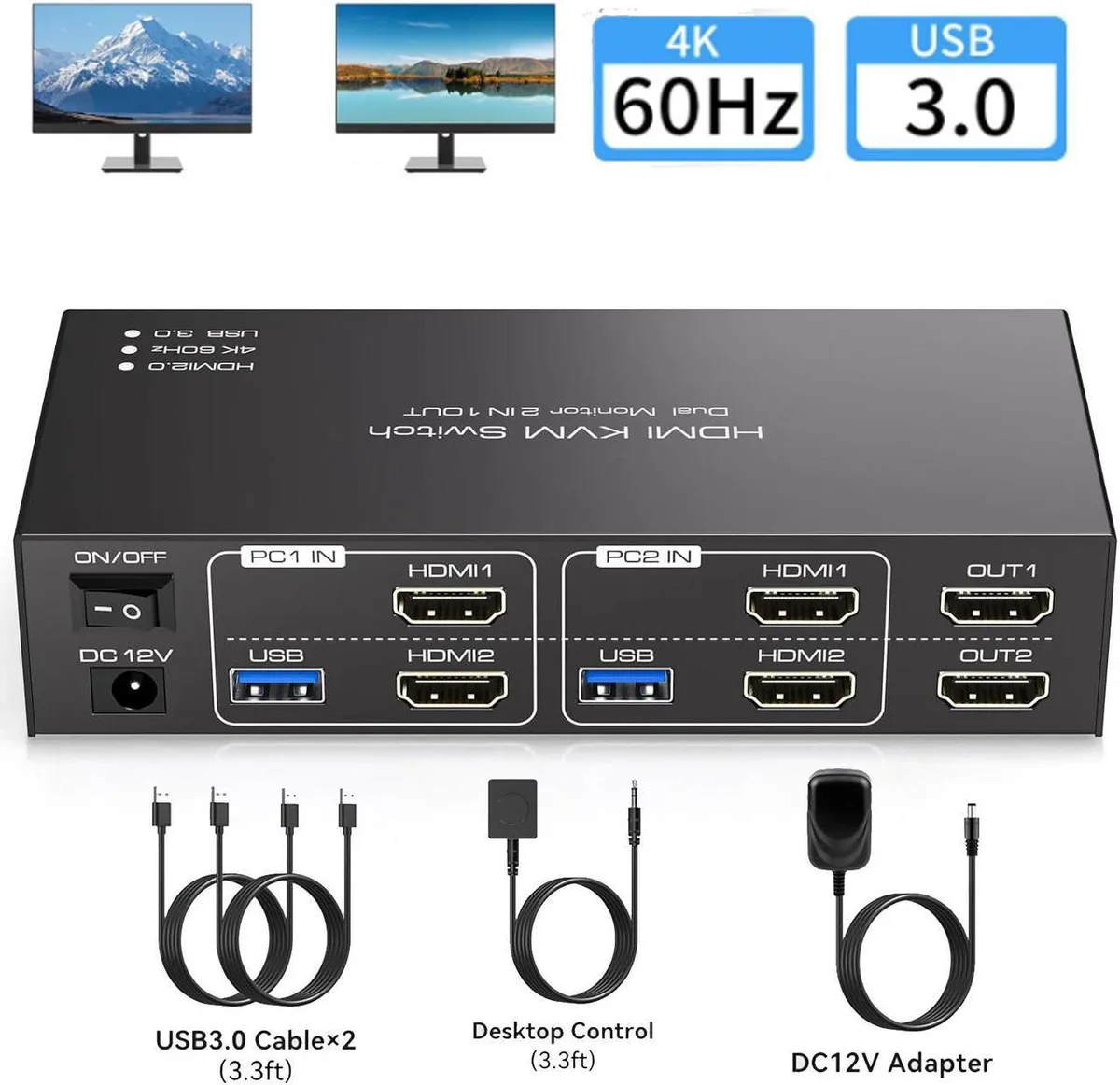 Vszerda Vszerda Dual Monitor HDMI KVM Switch 2 Port 4K@60Hz USB 3.0 — product photo