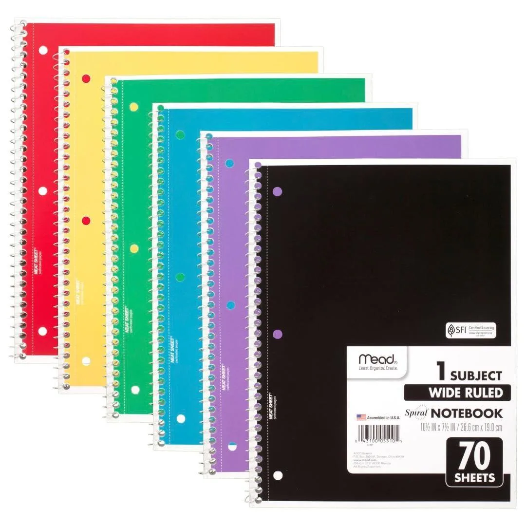 Mead 73063 easel pad 6 pack 70 sheets wide ruled 7.5x10.5 inches — product photo