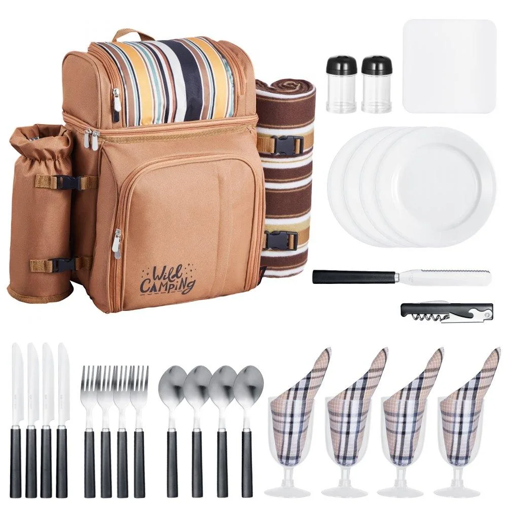 Brown 600D Oxford fabric picnic backpack with insulated cooler, blanket, cutlery set and accessories