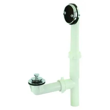 White polypropylene bath drain with chrome-plated lift-and-lock stopper and two-hole overflow plate