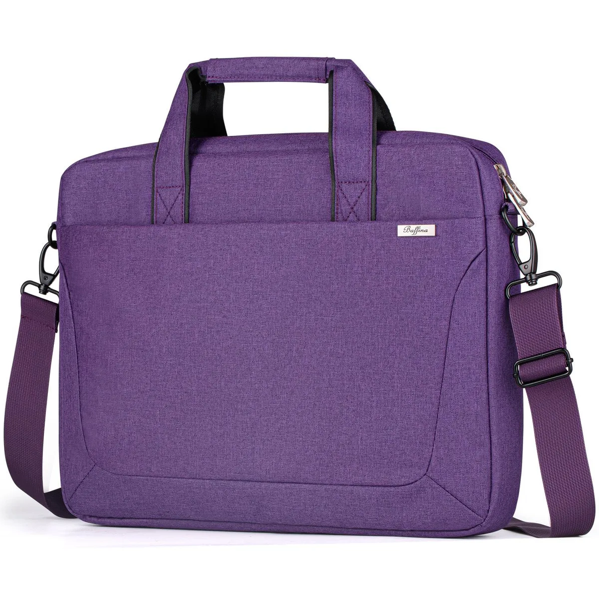Purple laptop shoulder bag with adjustable strap and front zip pocket