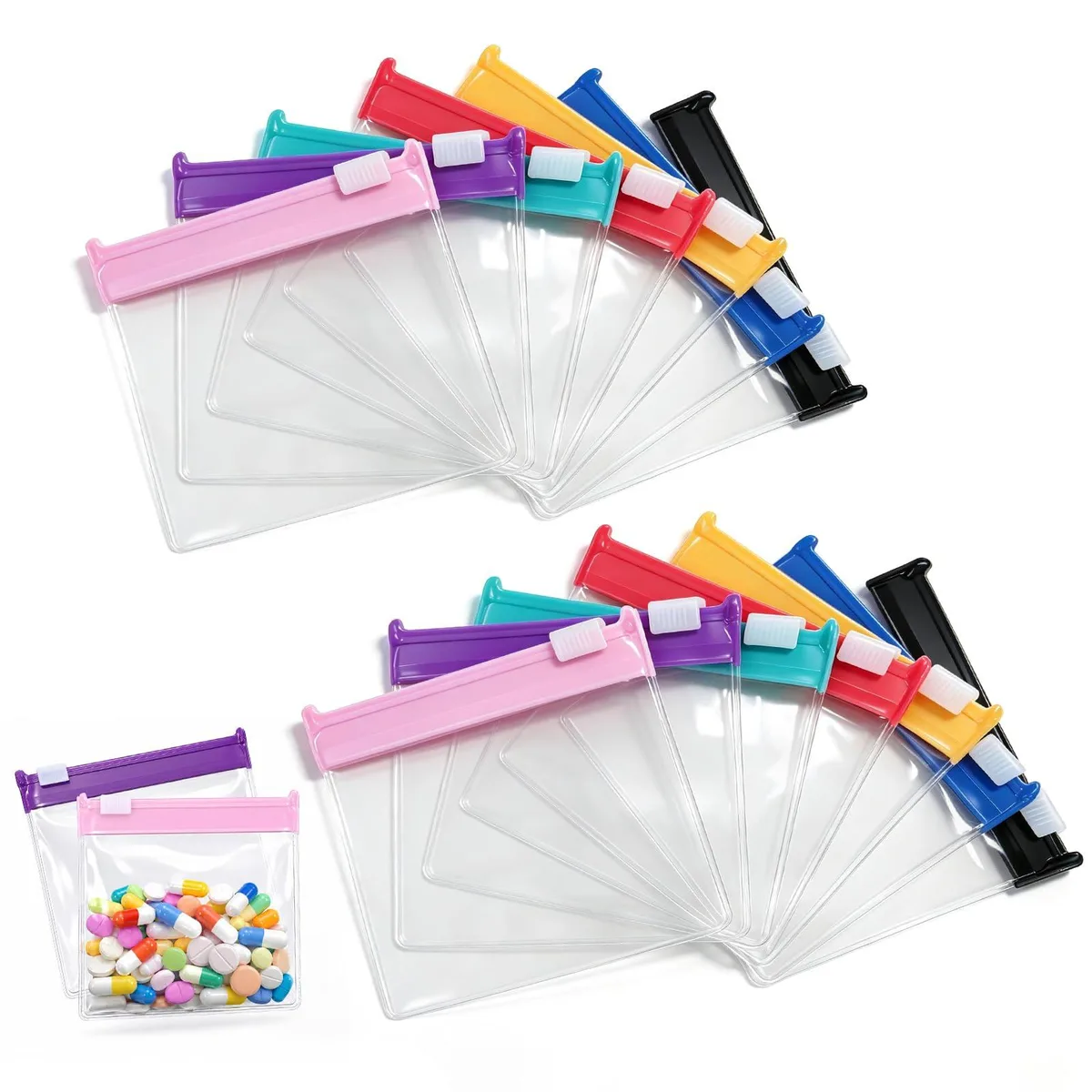 Fourteen small transparent zip pouches with coloured slide closures and label areas