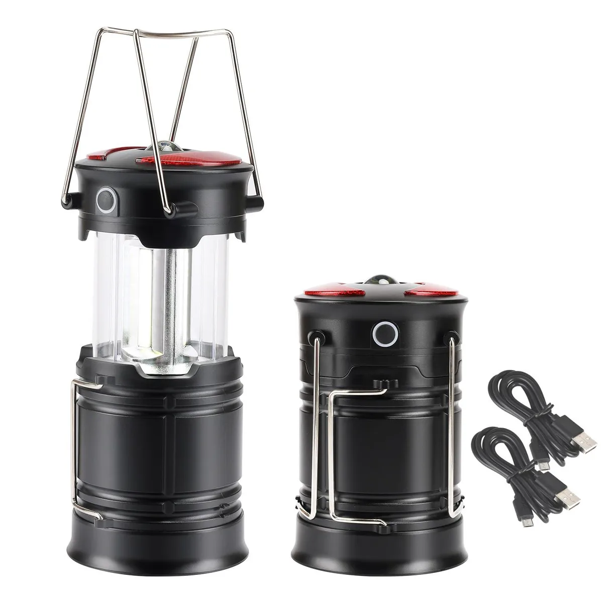 Two black collapsible COB lanterns with foldaway handles and magnetic bases