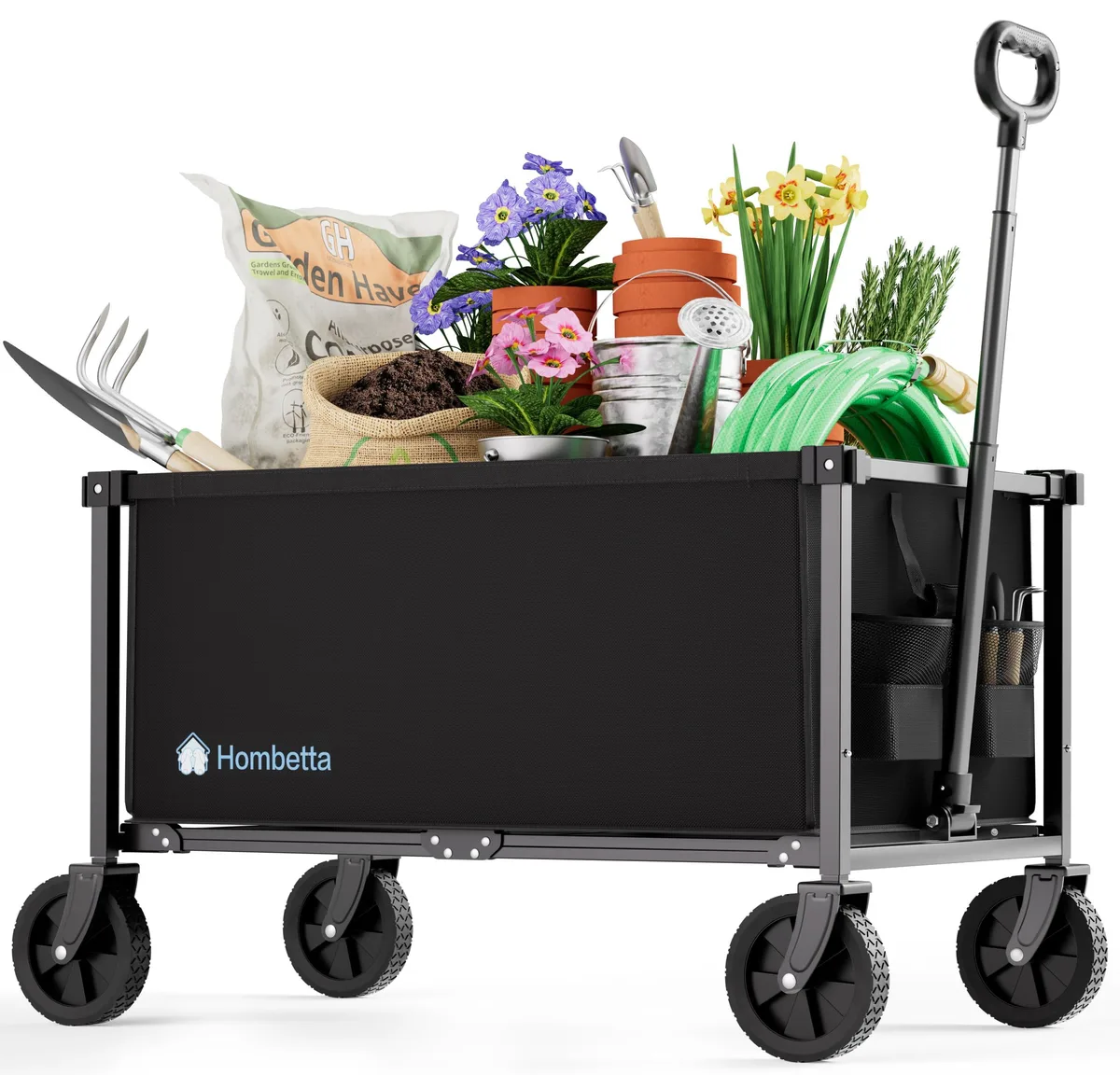 Black folding utility wagon with fabric liner and swivel wheels, collapsed flat