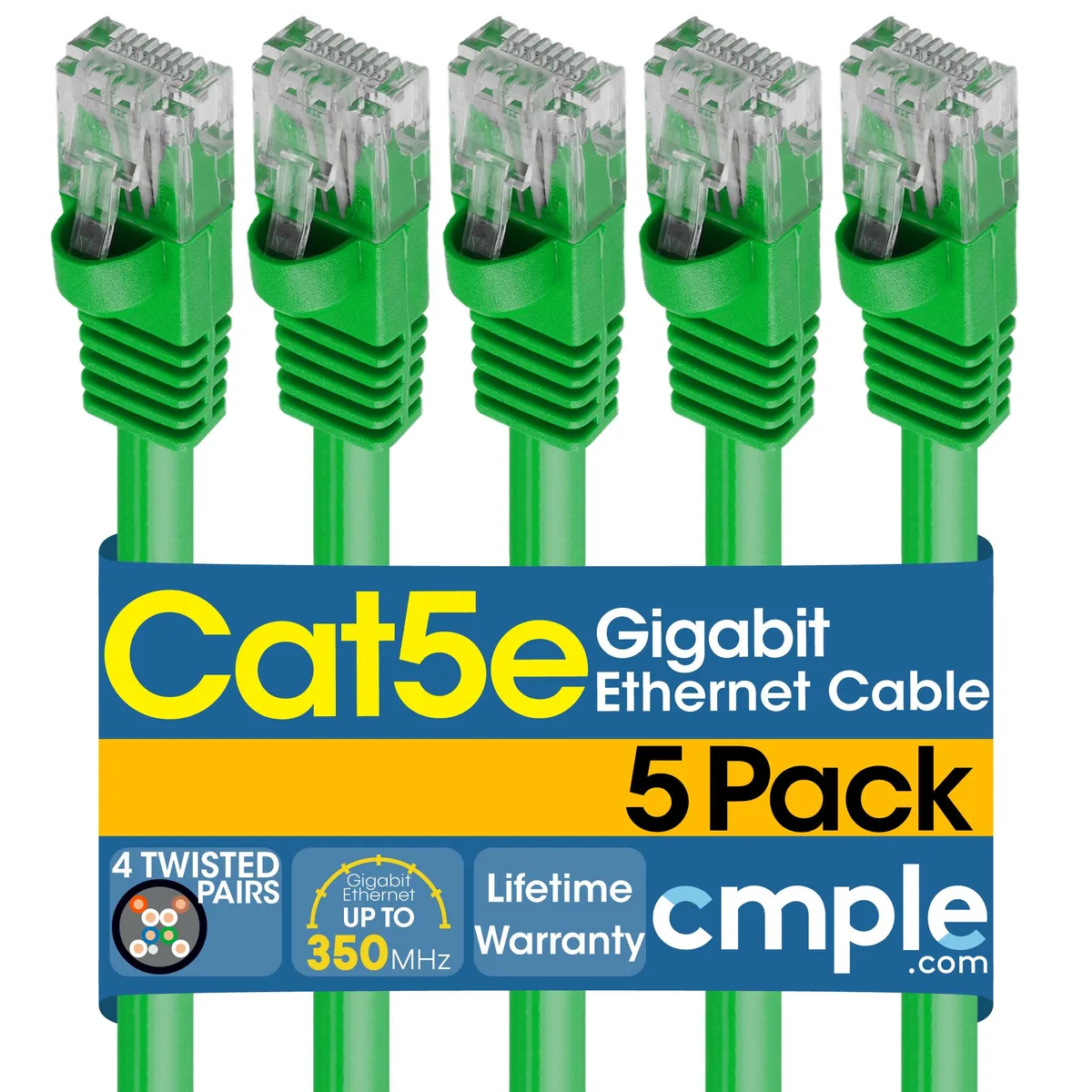 Five short green Cat5e patch cables with RJ45 plugs