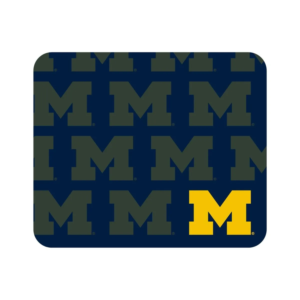 Rectangular mouse pad with University of Michigan mascot pattern, cloth top, rubber base