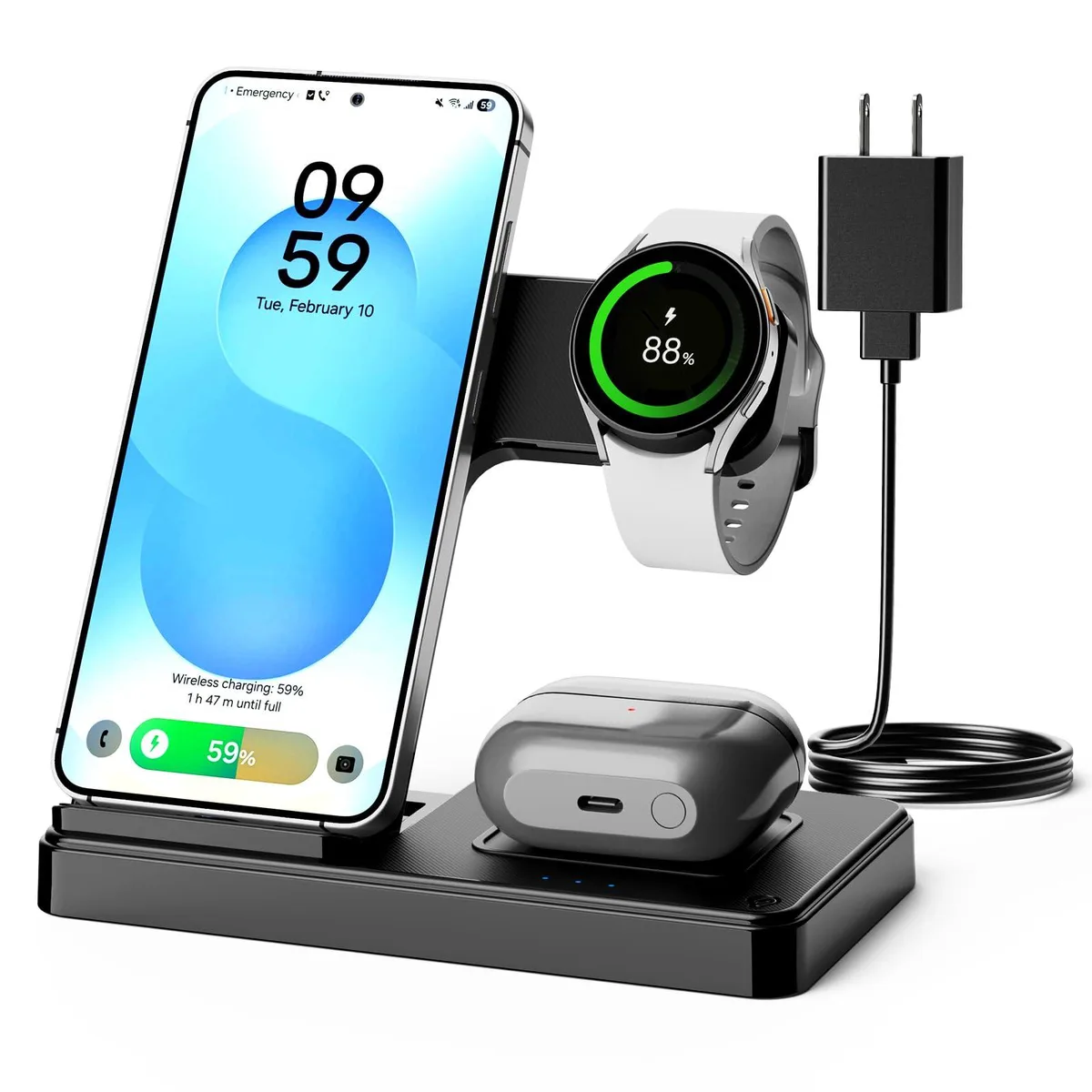 Foldable 3-in-1 wireless charger stand for Samsung devices, flat dark finish