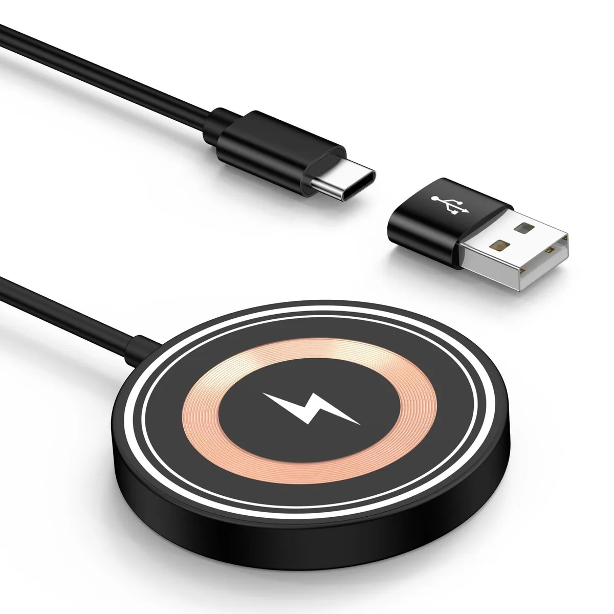 Compact magnetic wireless charging pad with built-in 1.2m cable and USB A/C port