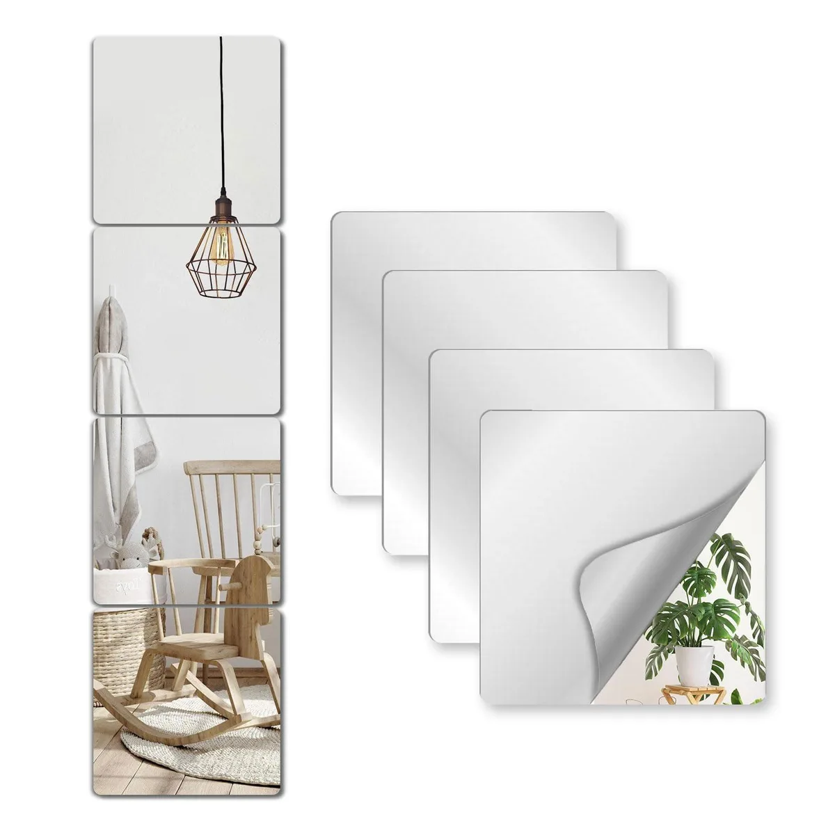 Four square silver acrylic mirrors with rounded corners