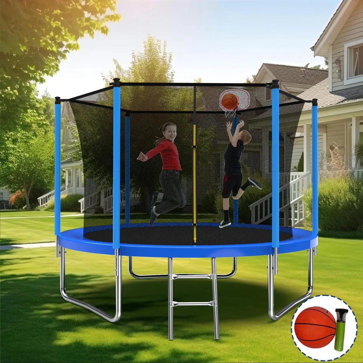 MERSCO MERSCO 10ft Trampoline Blue with Basketball Hoop & Airpump — product photo