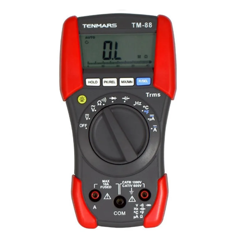Red handheld digital multimeter with LCD backlit display and test leads in carrying case