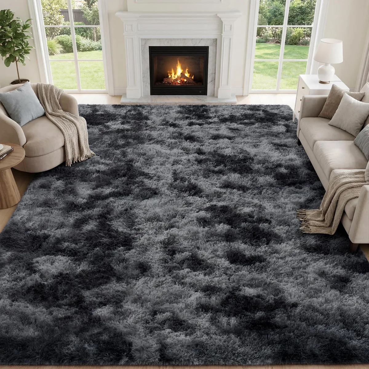 Rectangular grey polyester rug with fluffy shag pile, 6 by 9 feet