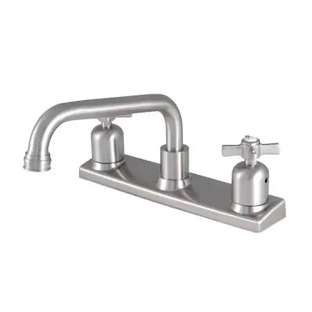 Brushed nickel centerset kitchen faucet with swivel spout and Art Deco styling