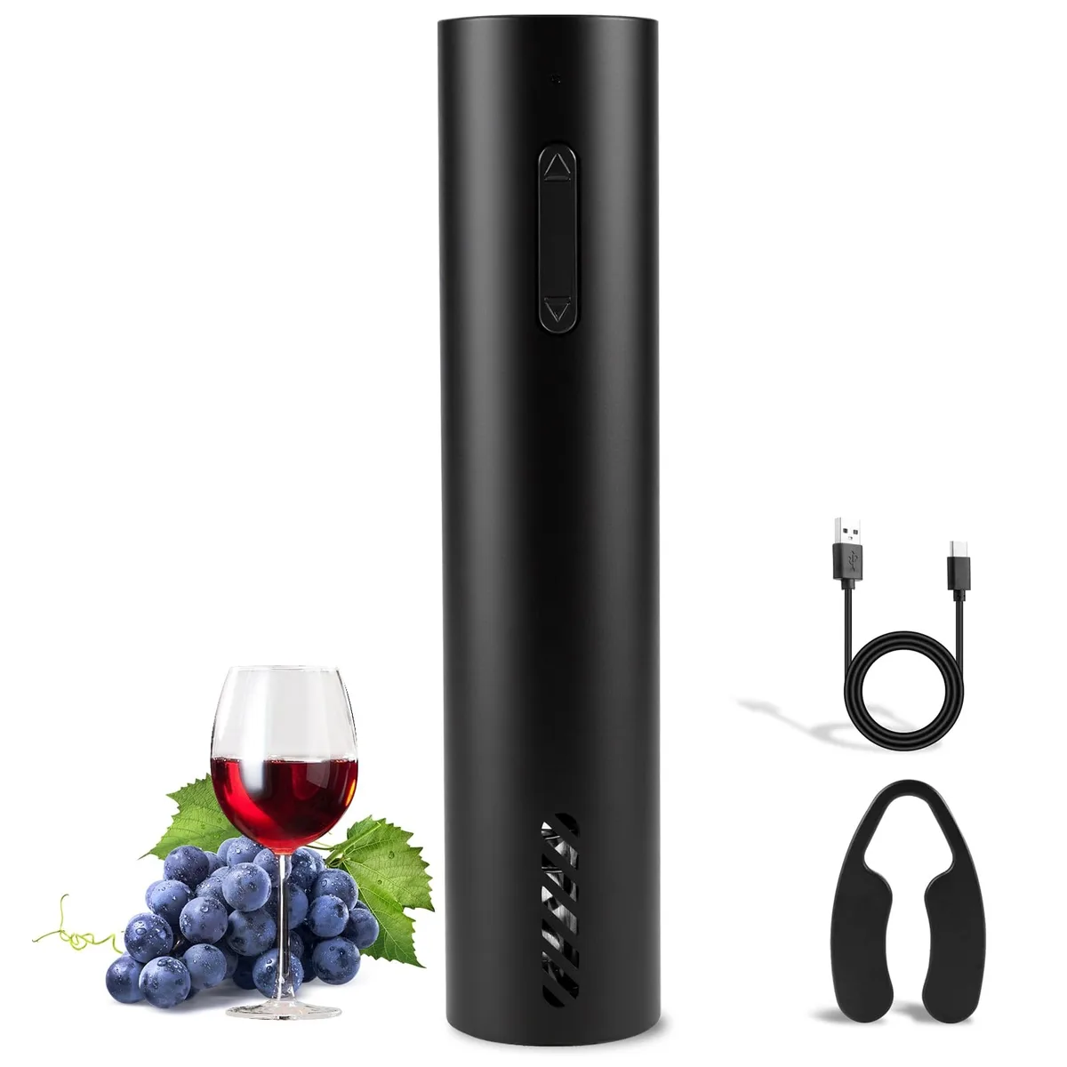 Black ABS electric wine opener with transparent shell and foil cutter, 5.207 x 5.9944 x 22.8092 cm