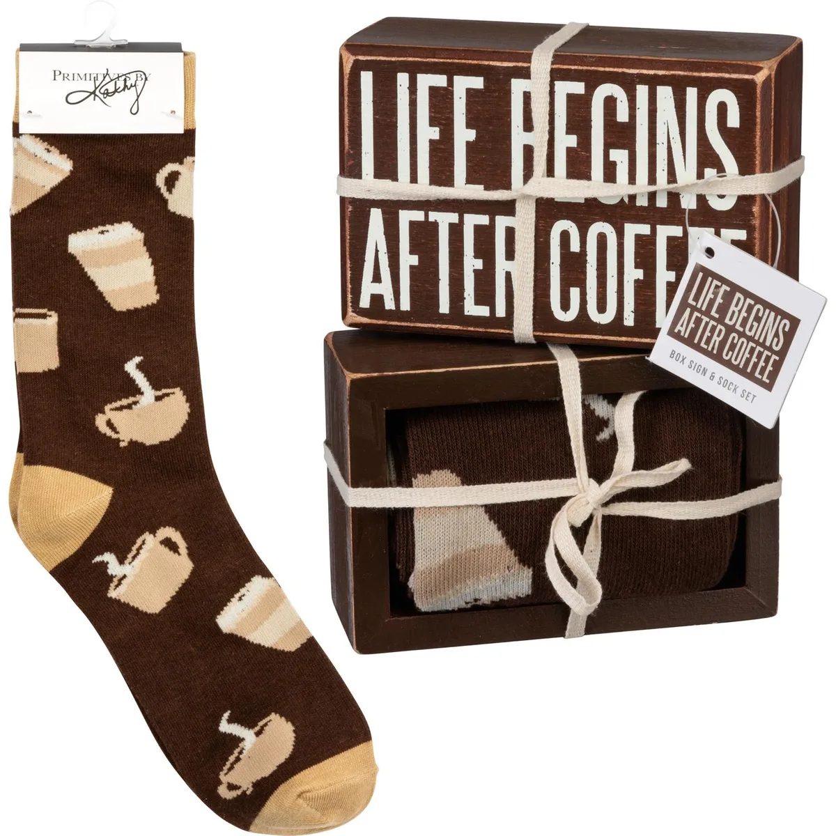 Primitives By Kathy Primitives By Kathy Box Sign &amp; Sock Set Life Begins After Coffee — product photo