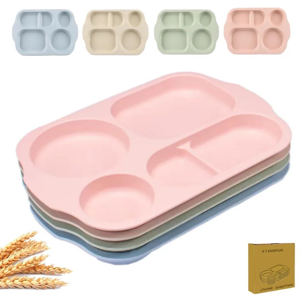 Four white rectangular wheat-straw plates with divided compartments