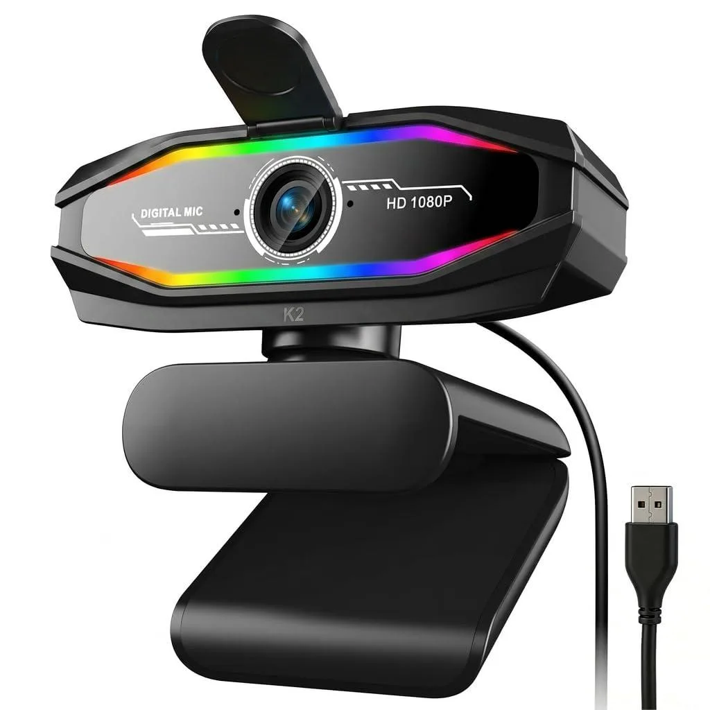 Compact webcam with built-in privacy cover and RGB indicator light