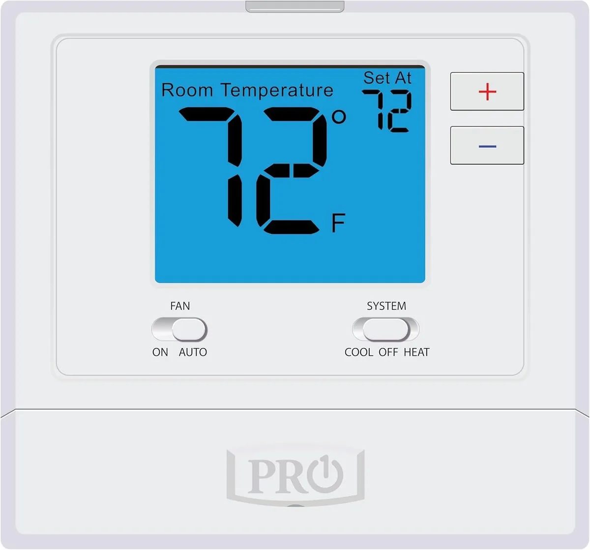 Twelve white rectangular wall thermostats with blue backlit displays and push buttons