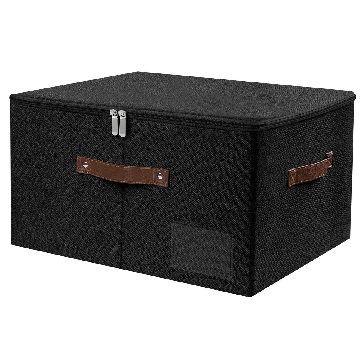 Black foldable fabric storage box with zippered lid and PU leather handles