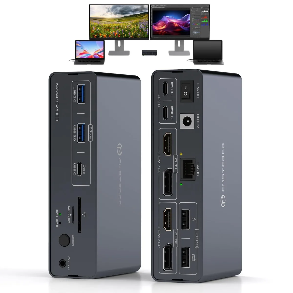 Bolton Technical Bolton Technical 2 in 1 accessory USB-C KVM switch dual monitor 14-in-1 DisplayLink 4K 60Hz — product photo