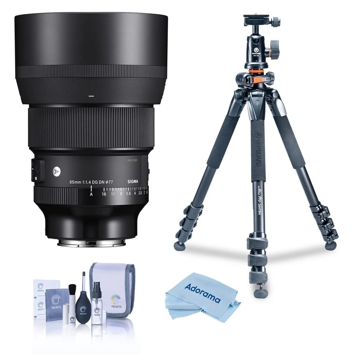 SIGMA SIGMA 85mm f/1.4 DG DN ART Sony E Bundle Tripod Kit Cleaning Cloth — product photo