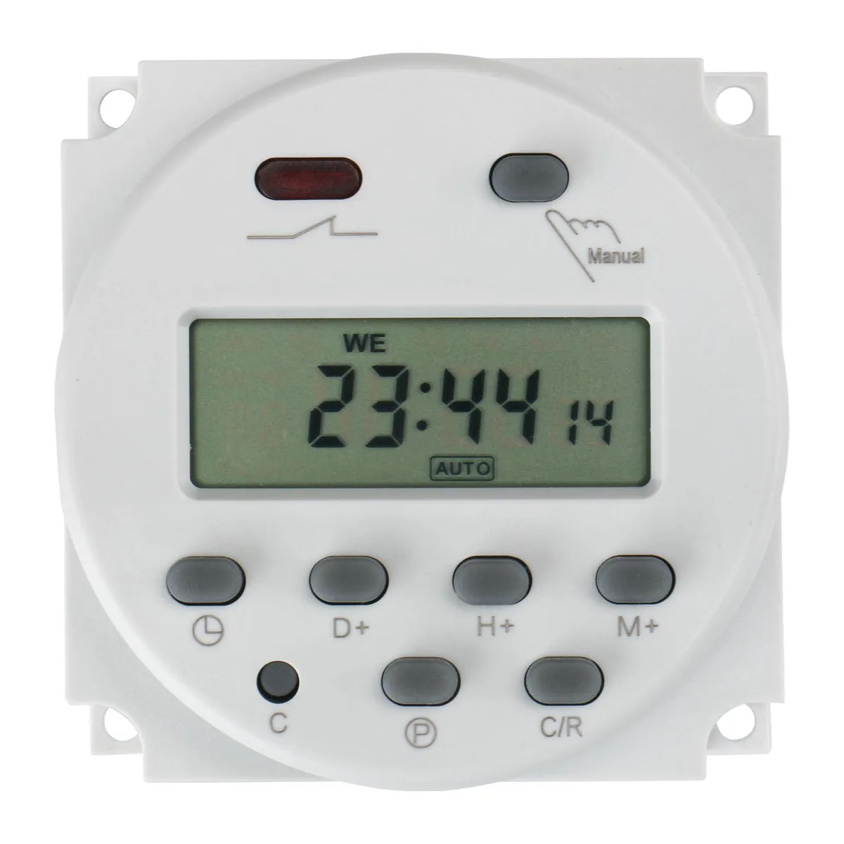 Rectangular panel-mount timer with backlit LCD and four pins