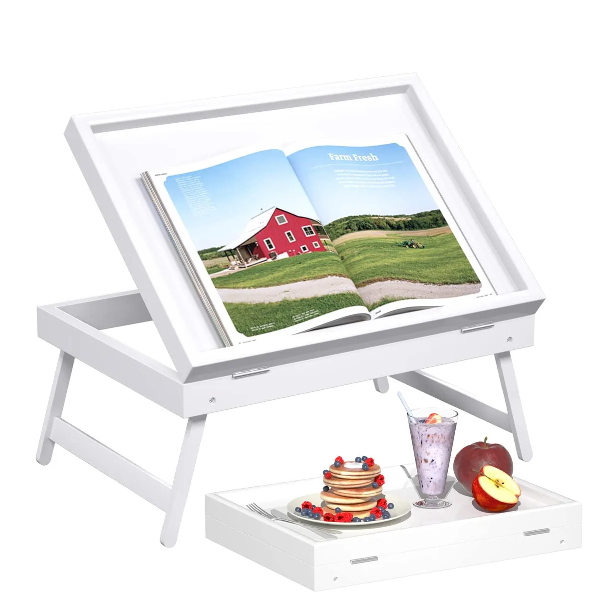 White bamboo bed tray with tilting top and folded legs