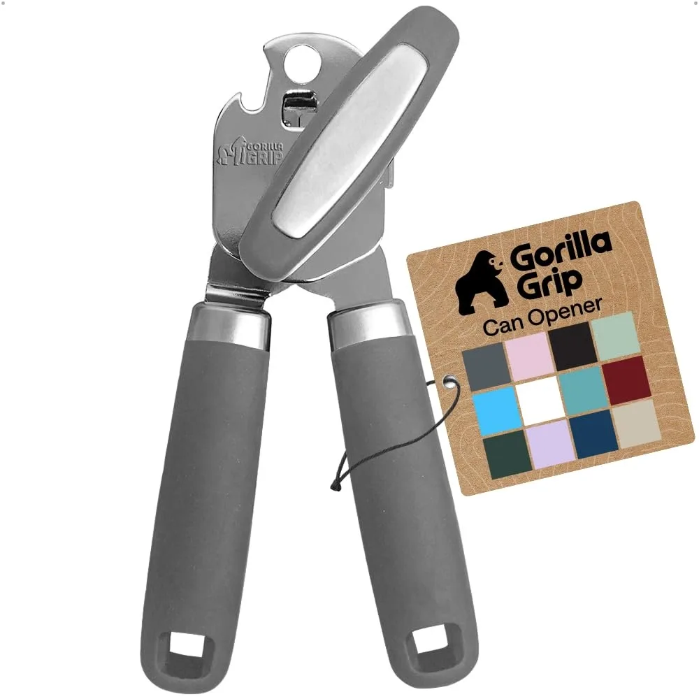 Gray stainless steel manual can opener with oversized turn knob and cushioned handles