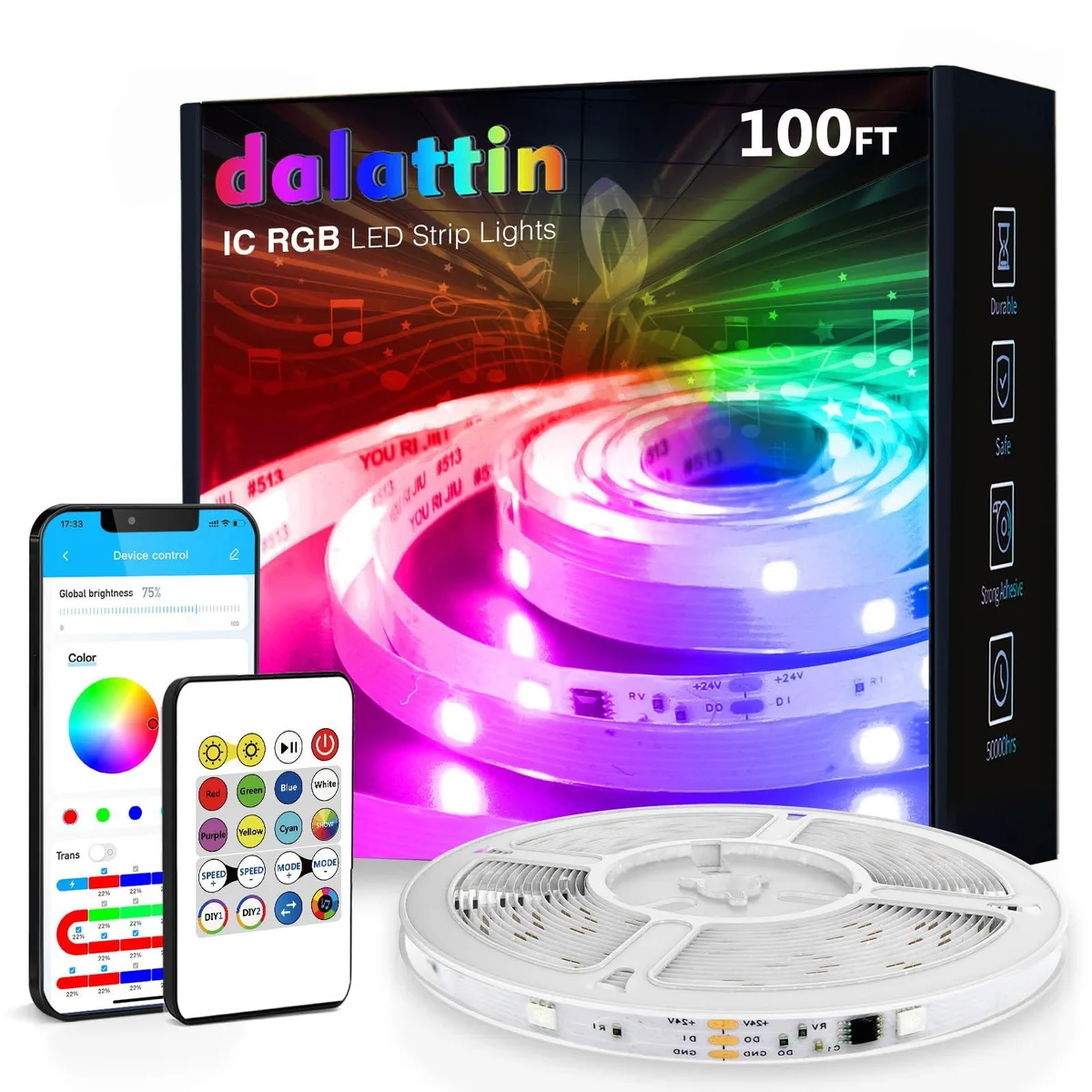 White 100FT LED strip light kit on reel with clear prismatic finish