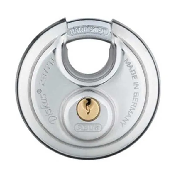 Circular stainless-steel disc padlock with silver finish and short steel shackle