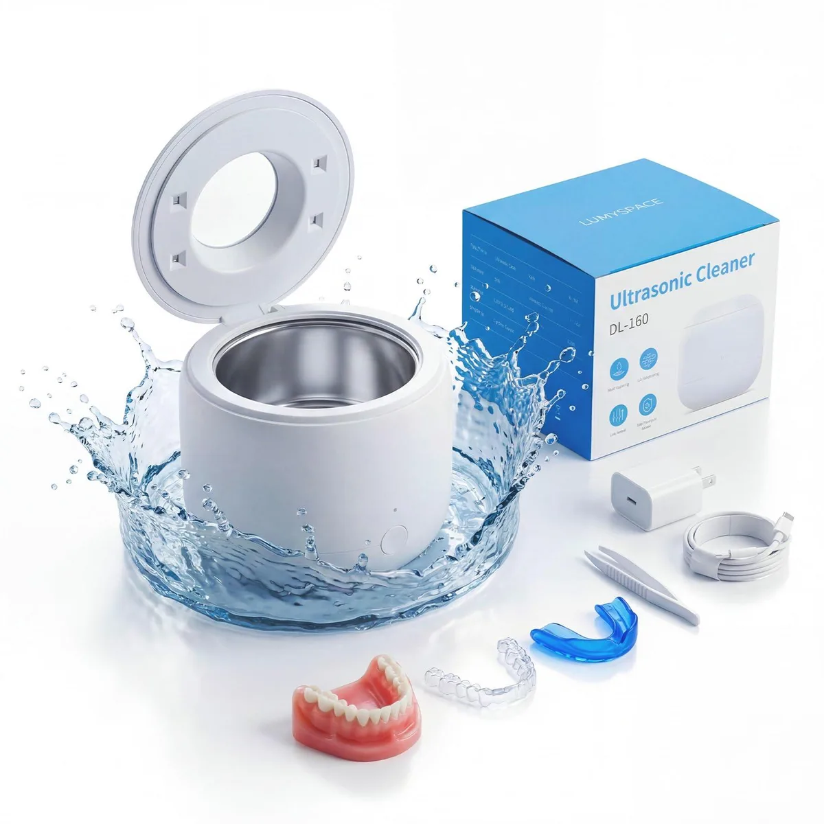 White rectangular ultrasonic cleaner pod with digital timer display and type-C power port
