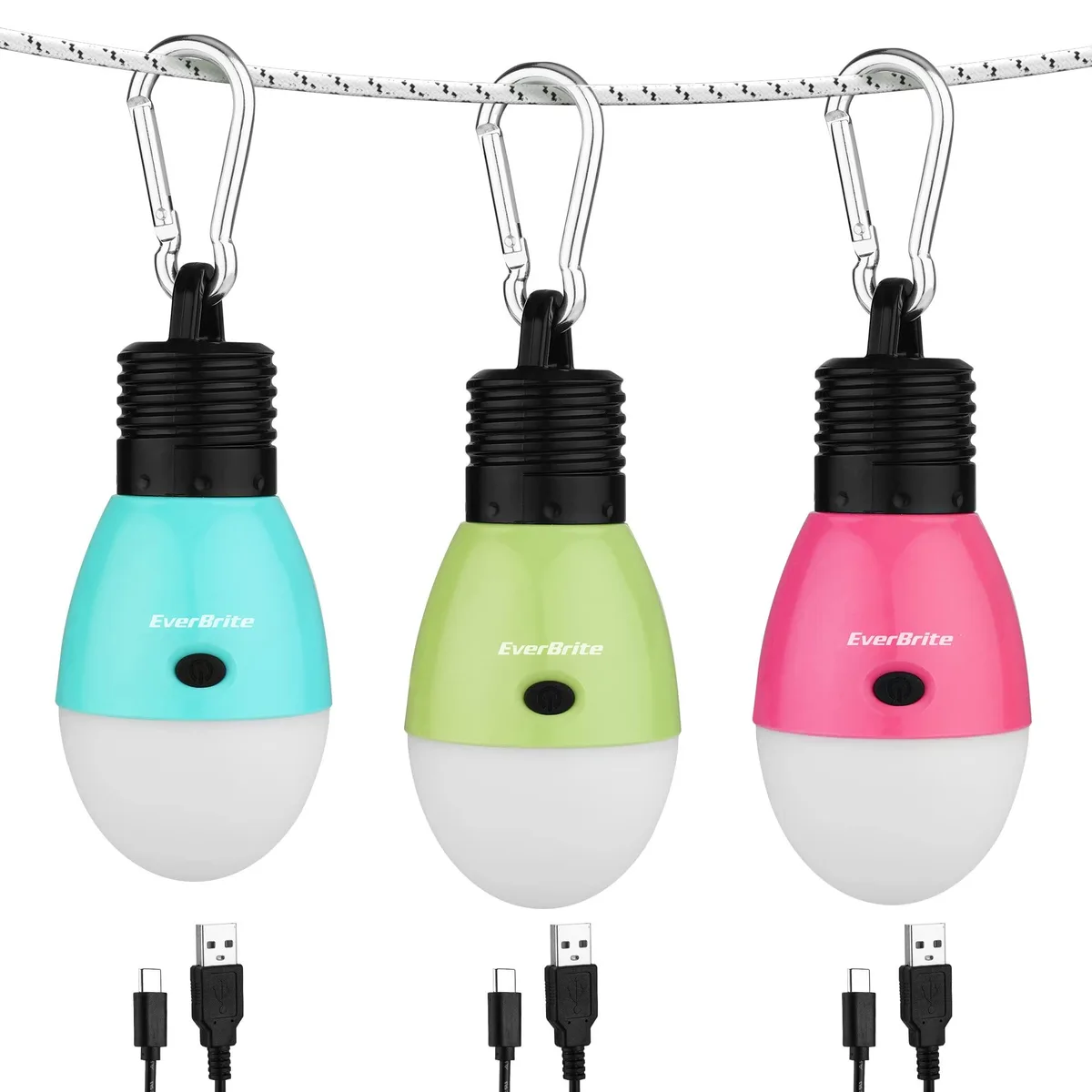 Three small round bulbs in green teal pink each with a clip hook