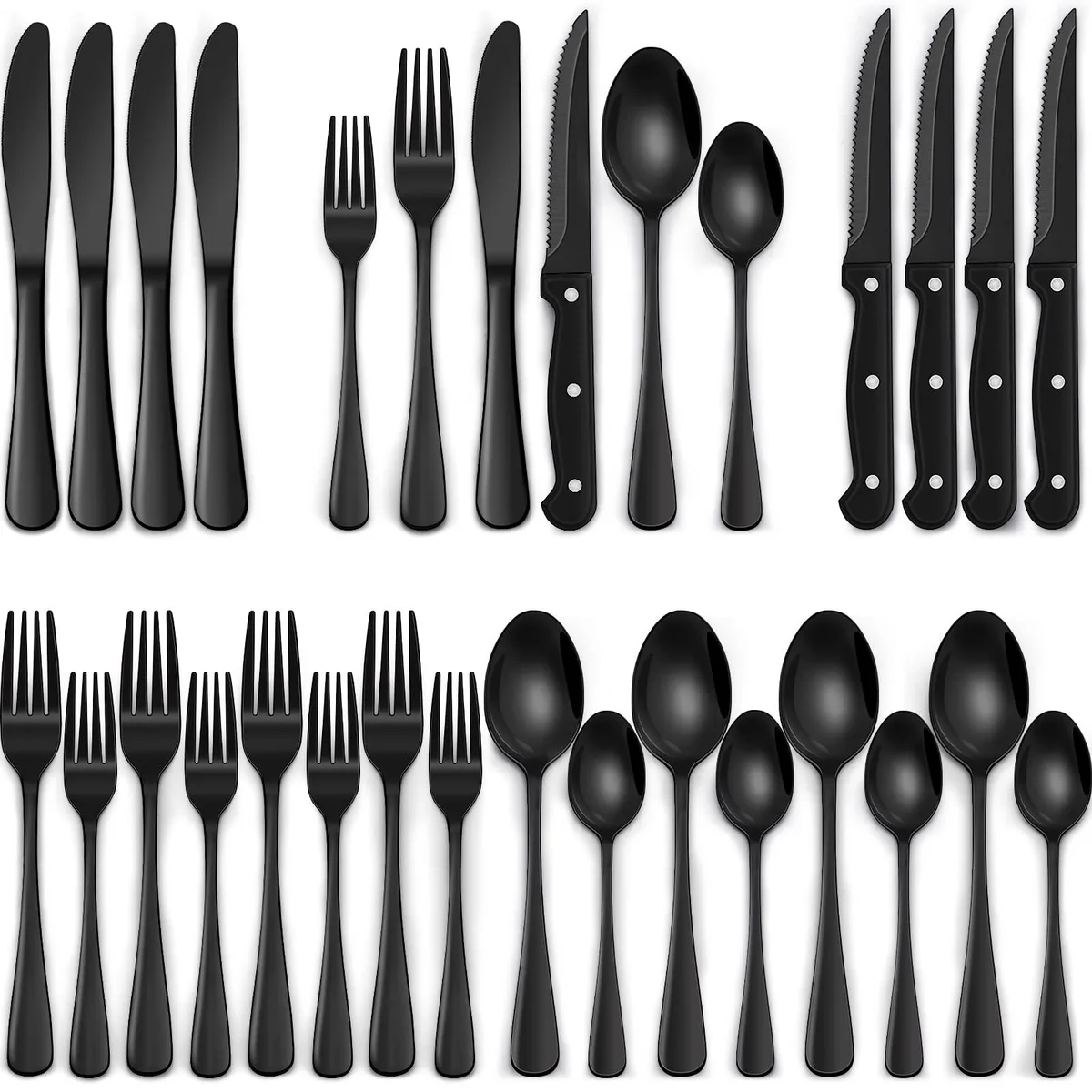 24-piece black stainless steel flatware set with steak knives, polished finish