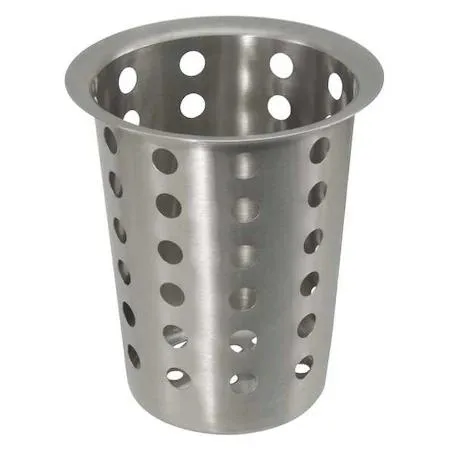 Silver stainless steel flatware cylinder, upright form factor, brushed finish