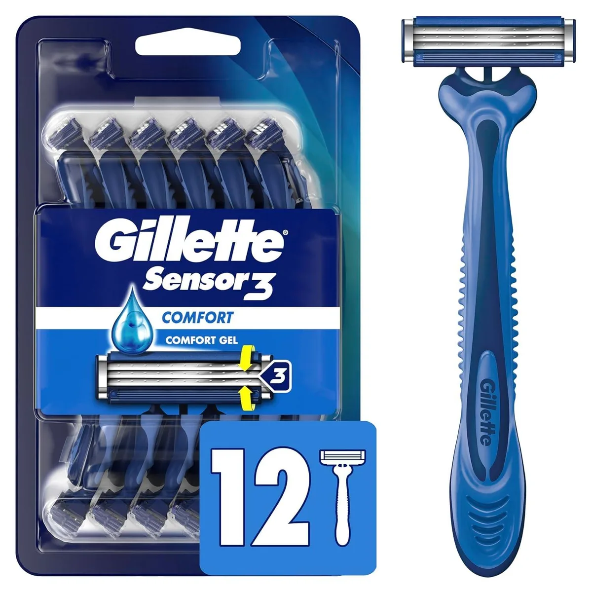 Pack of twelve black disposable razors with pivoting heads and rubber grips