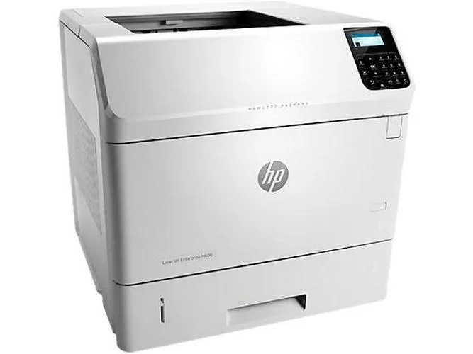 White rectangular office laser printer with front paper tray and control panel