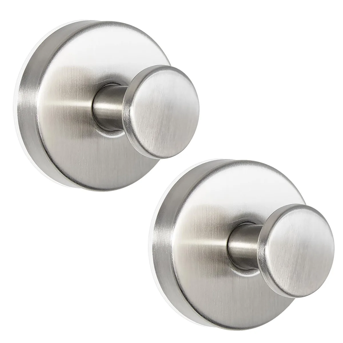 Two brushed nickel suction cup hooks on clear bases