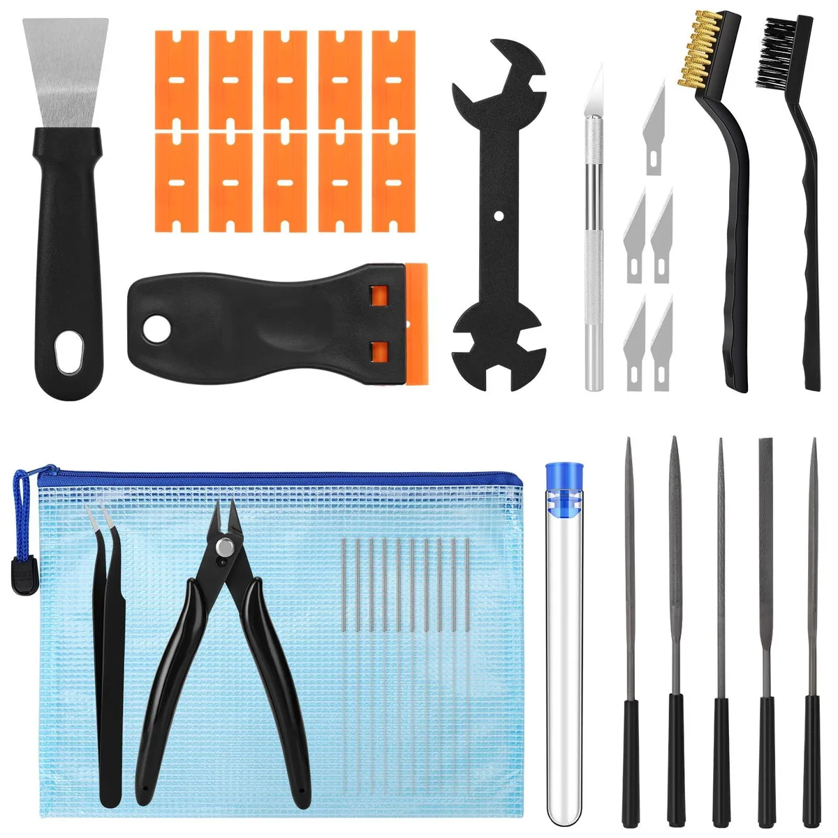 Compact boxed set of 38 new 3D printing tools including needles, scrapers, files and cutters